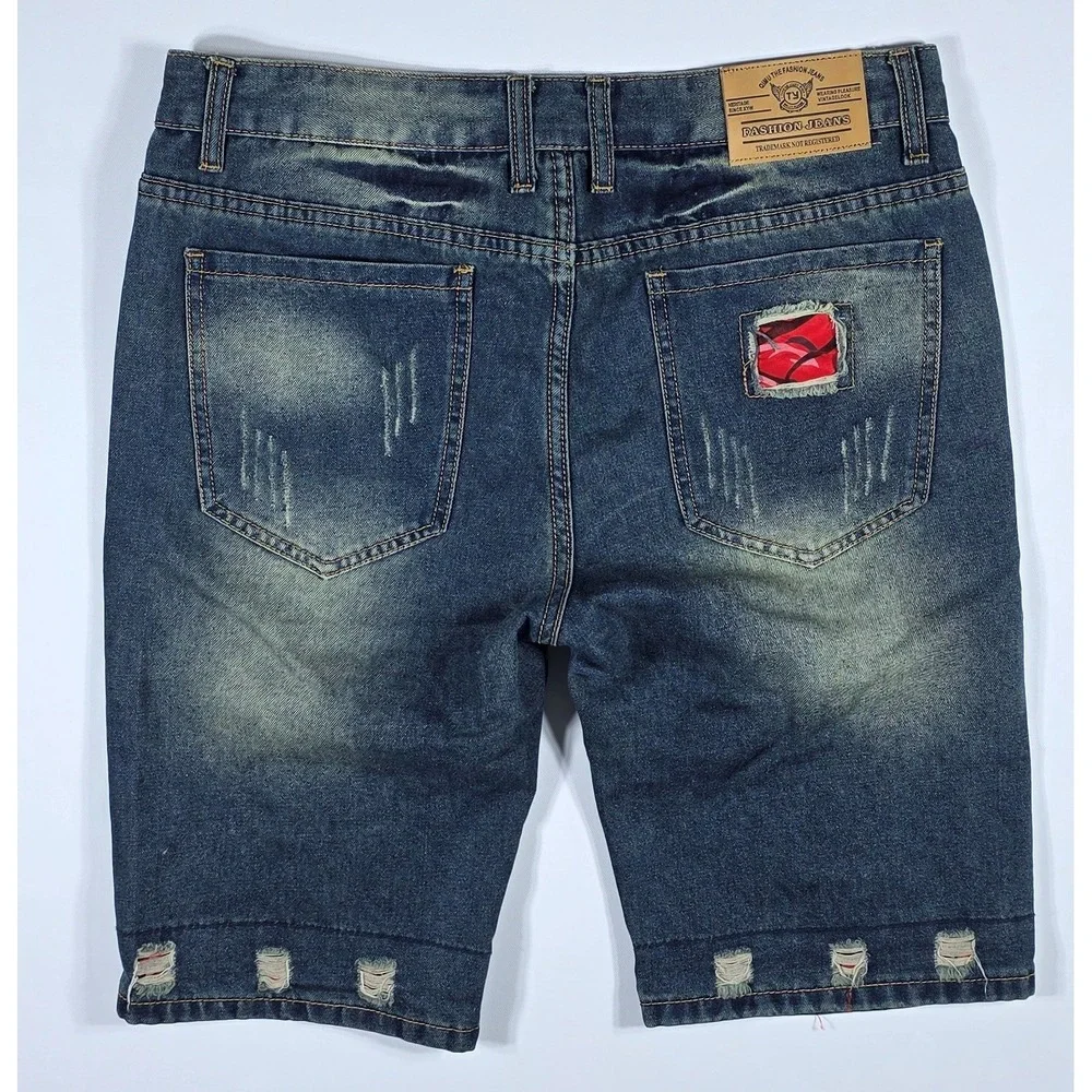 Fashion Jeans Wear Men's Distressed Denim Shorts Blue Red Camo Patchwork Size 34